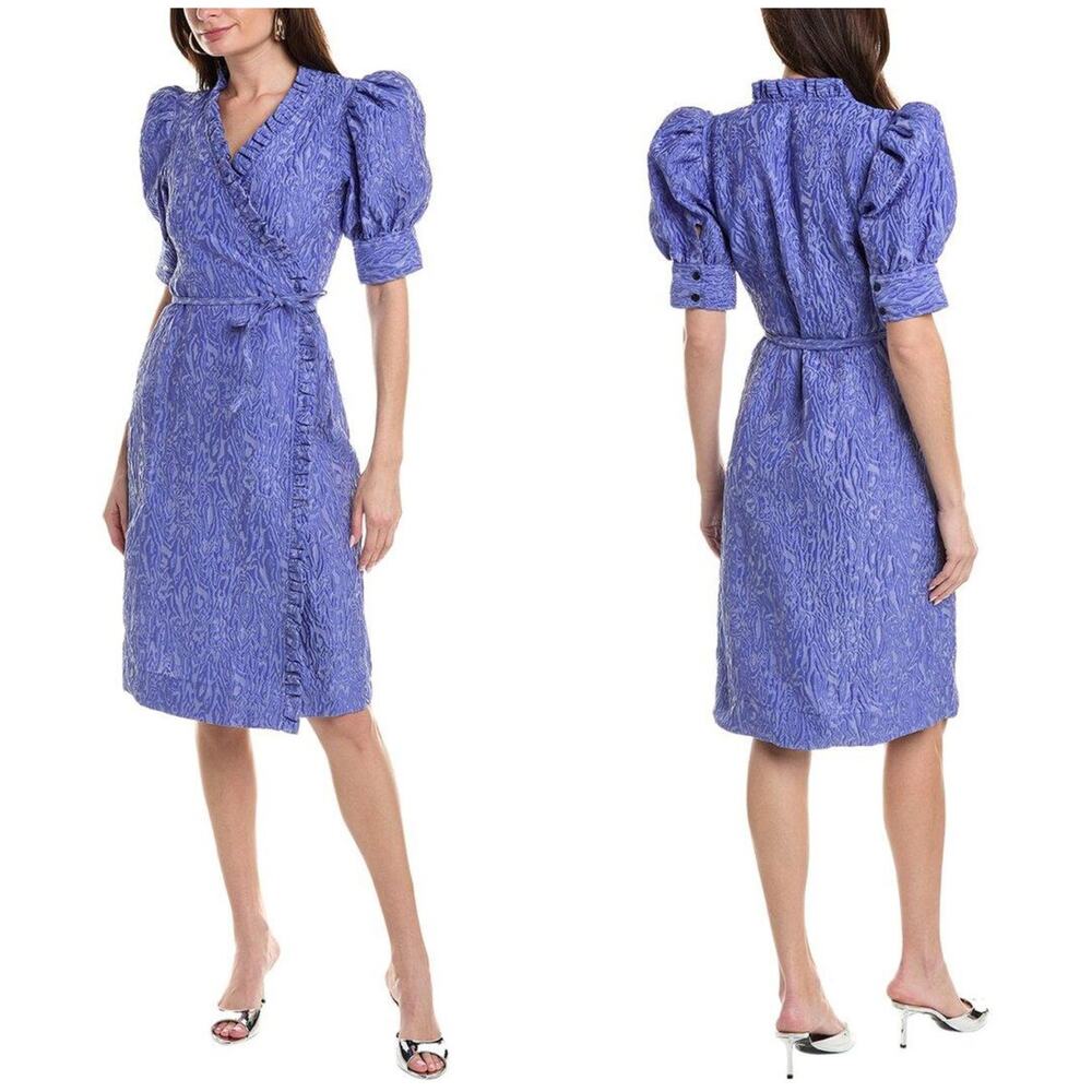 Ganni 3D Jacquard Wrap Ruffle Midi Dress Blue Iris